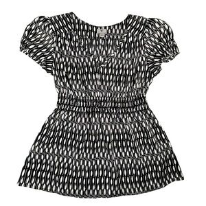 Worthington Black and White Feather Print V-neck Peplum Cap Sleeve Blouse SzS